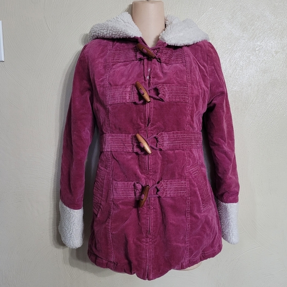 Salt & Pepper Fucshia Corduroy and Sherpa Hooded Winter Jacket Size Women Small - Picture 3 of 12